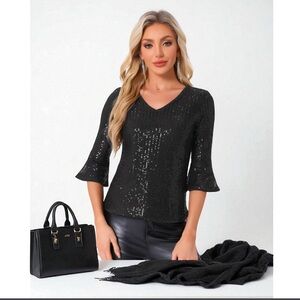 MSK Black Sequin 3/4 Sleeve Blouse